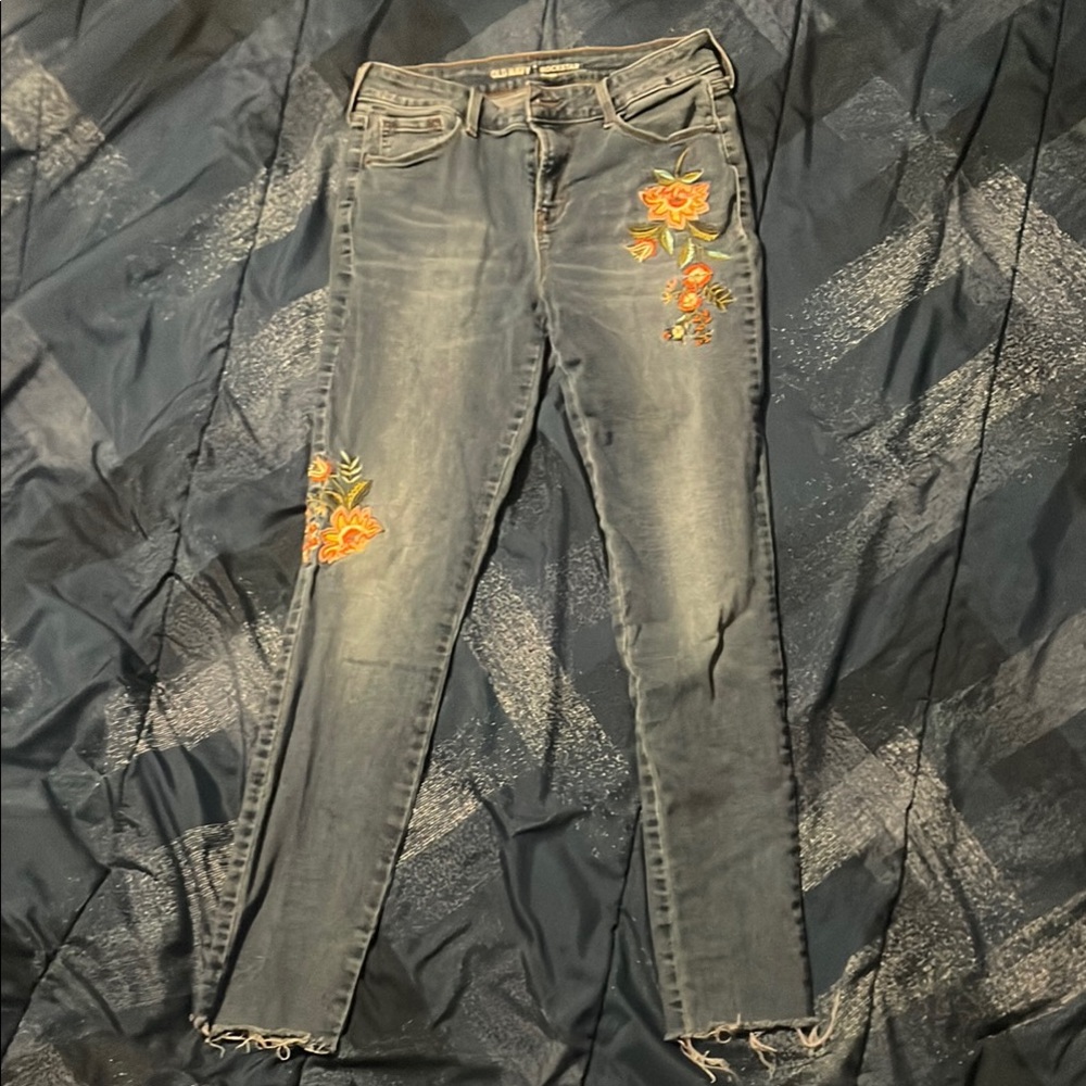 Old Navy Blue and Orange Skinny Jeans with Floral Embroidery